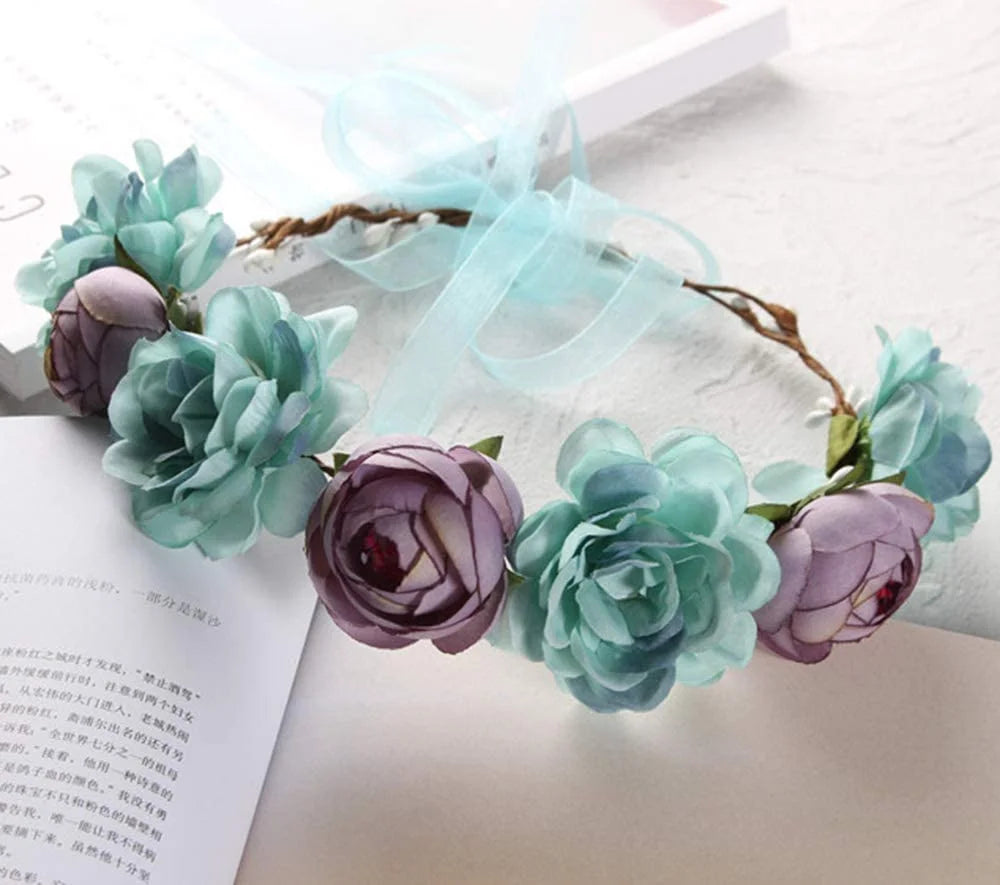 3PCS Handmade Flower Headband Floral Crown, Bridal Hair Wreath Wedding Halo Floral Garland Headbands Headpieceadjustableblue+Pink+Khaki