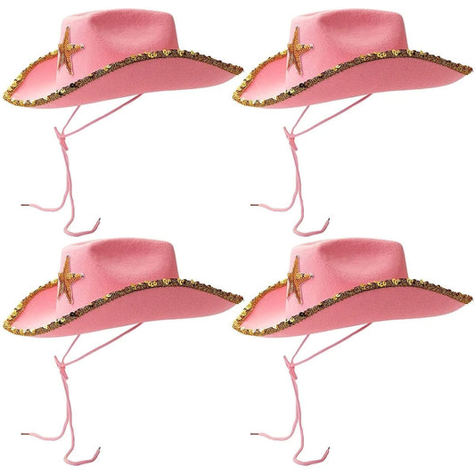 Western Cowboy and Cowgirl Hats for Kids, Pink Sparkly (4 Pack)