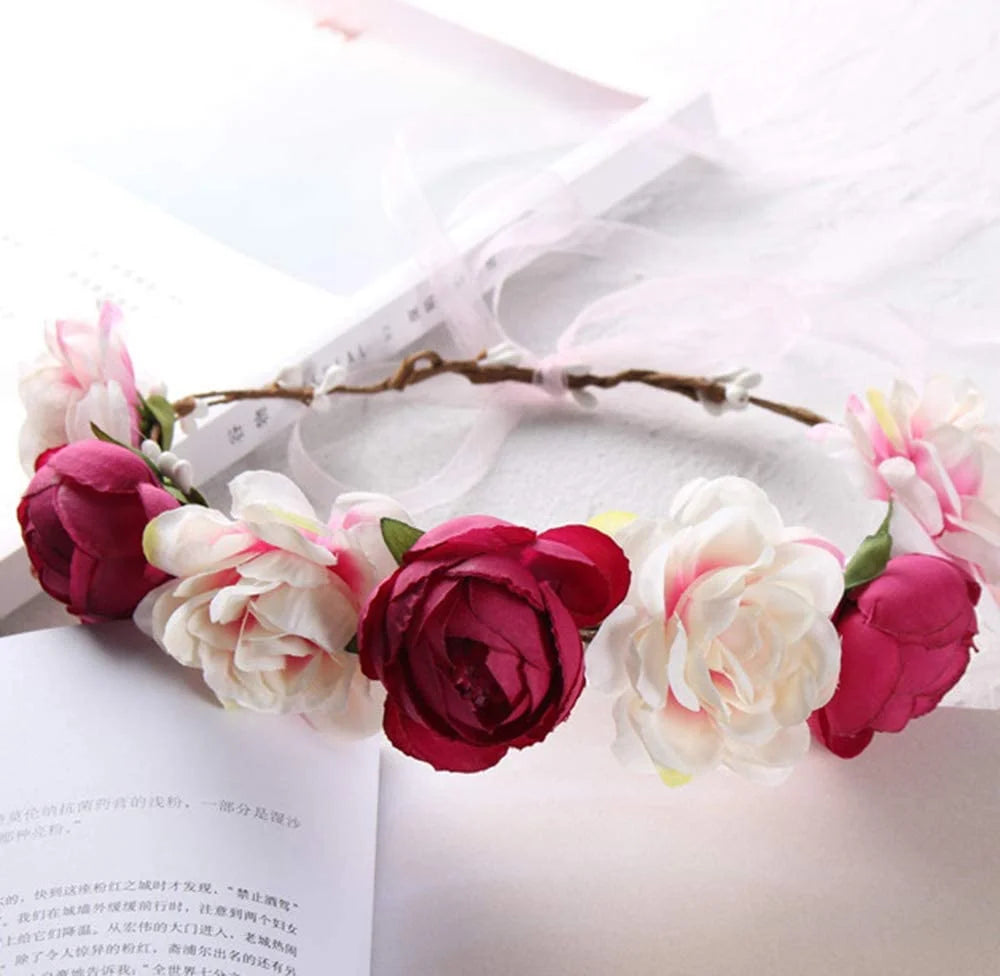 3PCS Handmade Flower Headband Floral Crown, Bridal Hair Wreath Wedding Halo Floral Garland Headbands Headpieceadjustableblue+Pink+Khaki